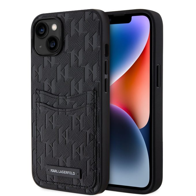 iPhone 13 black Saffiano Monogram Card Slot KARL LAGERFELD nugarėlė
