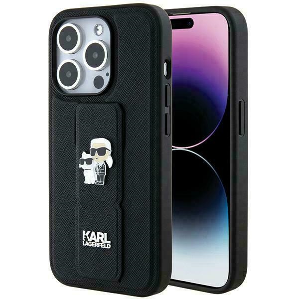 iPhone 13 PRO MAX black Gripstand Saffiano Karl&Choupette Pins KARL LAGERFELD nugarėlė