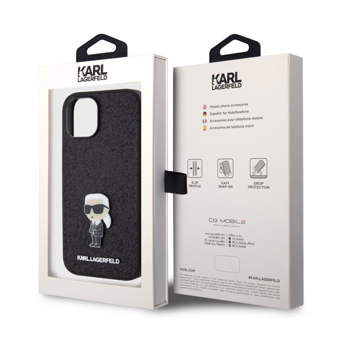 iPhone 15 / 14 / 13 black Ikonik Fixed Glitter Metal PIN KARL LAGERFELD nugarėlė