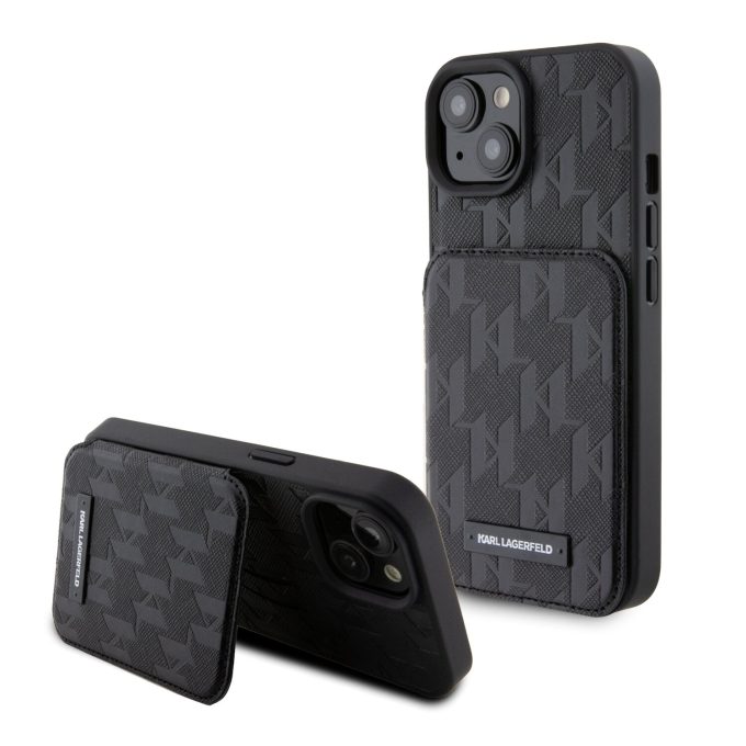 iPhone 15 / 14 / 13 black Saffiano Cardslots and Stand Monogram KARL LAGERFELD nugarėlė