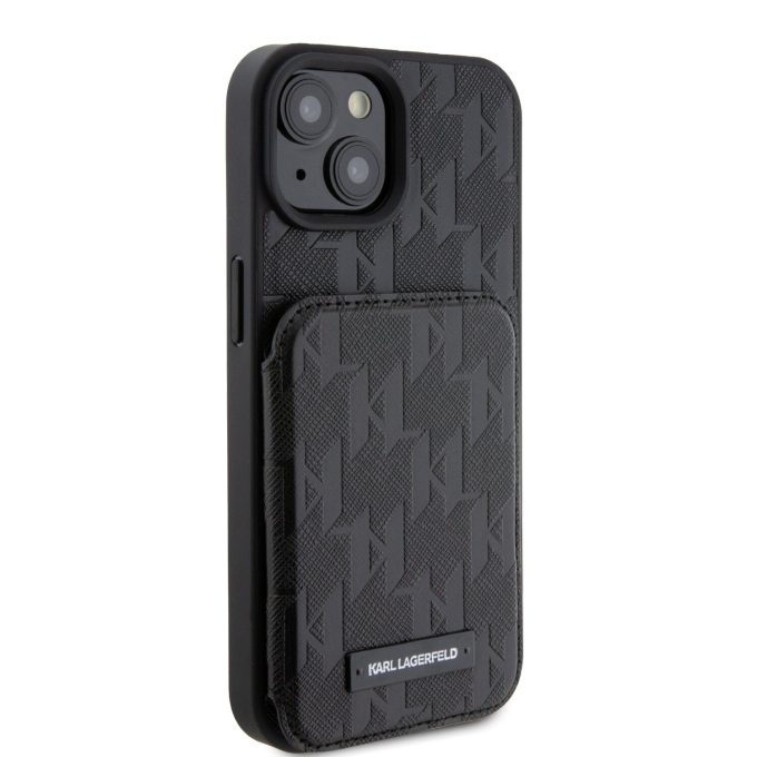 iPhone 15 / 14 / 13 black Saffiano Cardslots and Stand Monogram KARL LAGERFELD nugarėlė
