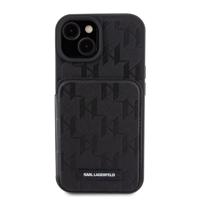 iPhone 15 / 14 / 13 black Saffiano Cardslots and Stand Monogram KARL LAGERFELD nugarėlė