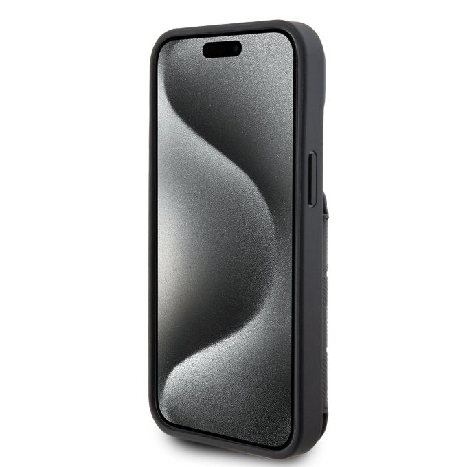 iPhone 15 / 14 / 13 black Saffiano Cardslots and Stand Monogram KARL LAGERFELD nugarėlė