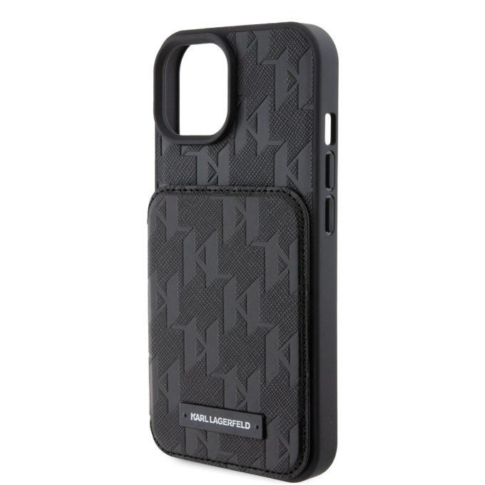 iPhone 15 / 14 / 13 black Saffiano Cardslots and Stand Monogram KARL LAGERFELD nugarėlė