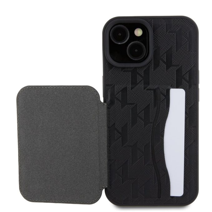 iPhone 15 / 14 / 13 black Saffiano Cardslots and Stand Monogram KARL LAGERFELD nugarėlė