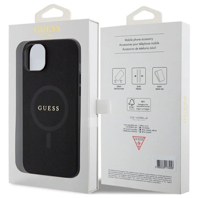 iPhone 15 / 14 / 13 black Saffiano MagSafe GUESS nugarėlė
