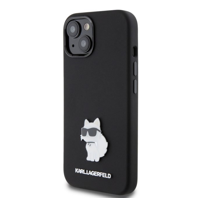 iPhone 15 / 14 / 13 black Silicone Metal PIN KARL LAGERFELD nugarėlė