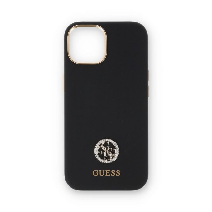 iPhone 15 / 14 / 13 black Silicone Strass Logo GUESS nugarėlė