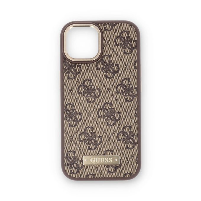 iPhone 15 / 14 / 13 brown Plate Logo MagSafe GUESS nugarėlė