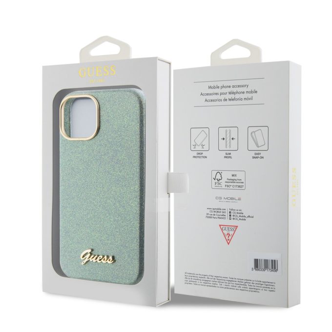 iPhone 15 / 14 / 13 khaki Glitter Glossy Script GUESS nugarėlė