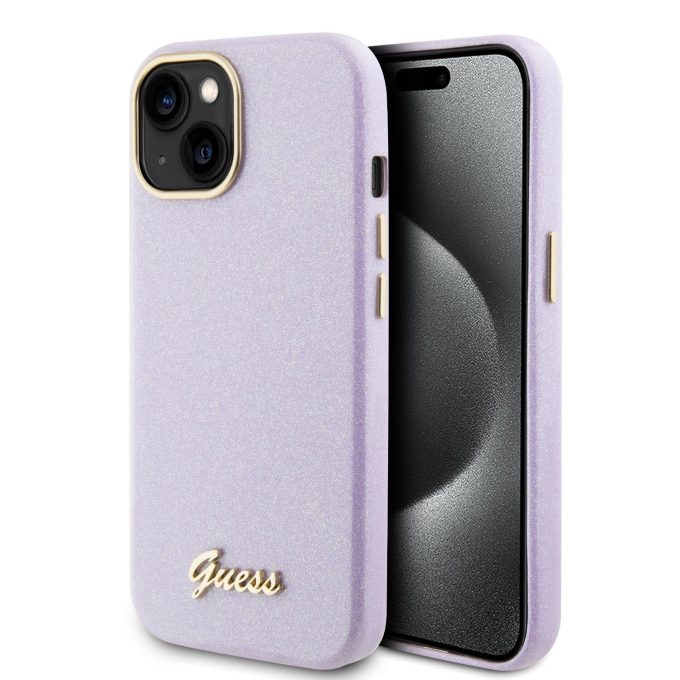iPhone 15 / 14 / 13 lilac Glitter Glossy Script GUESS nugarėlė