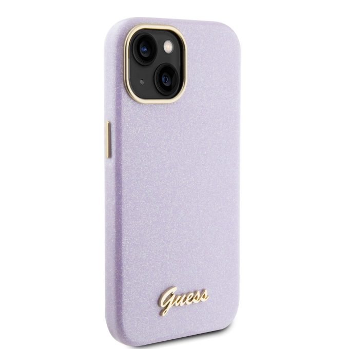 iPhone 15 / 14 / 13 lilac Glitter Glossy Script GUESS nugarėlė