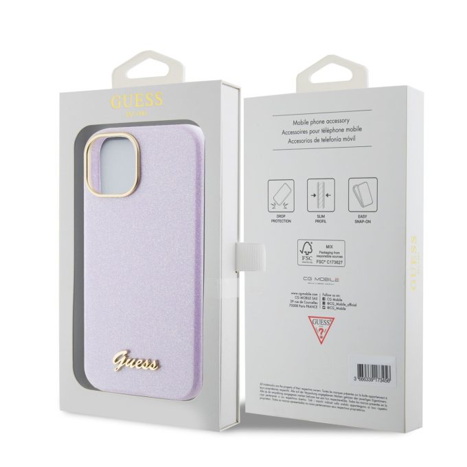 iPhone 15 / 14 / 13 lilac Glitter Glossy Script GUESS nugarėlė