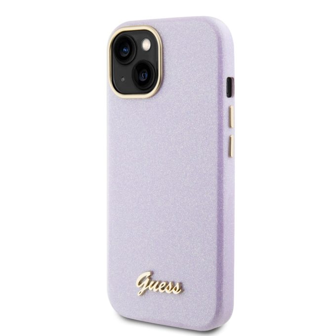 iPhone 15 / 14 / 13 lilac Glitter Glossy Script GUESS nugarėlė