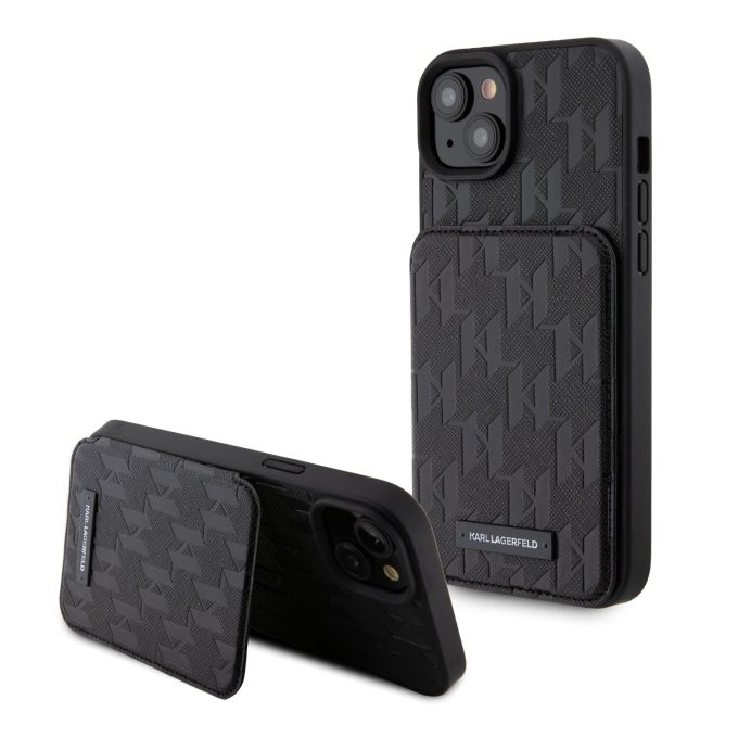 iPhone 15 PLUS black Saffiano Cardslots and Stand Monogram KARL LAGERFELD nugarėlė