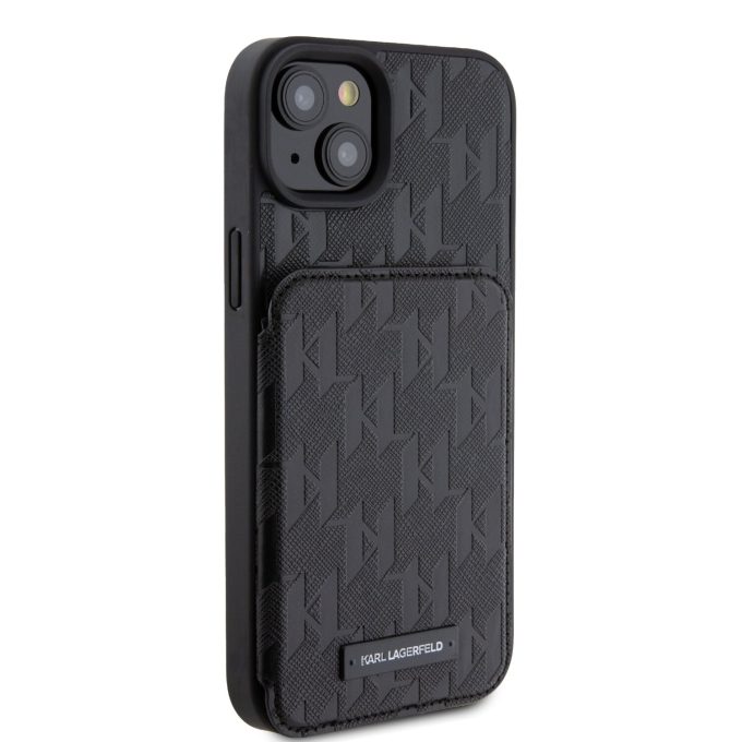 iPhone 15 PLUS black Saffiano Cardslots and Stand Monogram KARL LAGERFELD nugarėlė