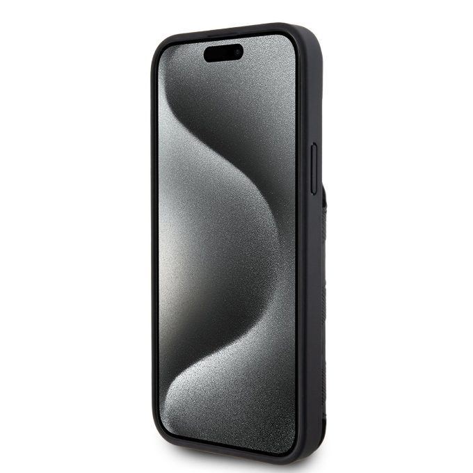 iPhone 15 PLUS black Saffiano Cardslots and Stand Monogram KARL LAGERFELD nugarėlė