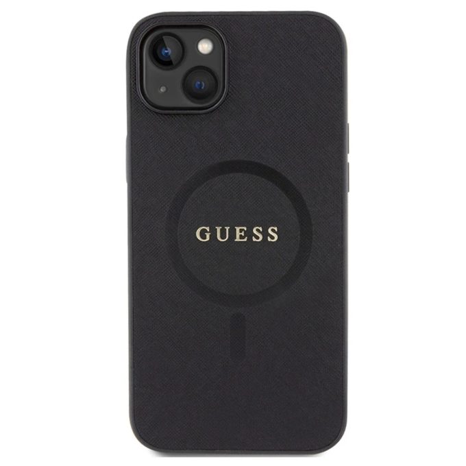 iPhone 15 PLUS black Saffiano MagSafe GUESS nugarėlė