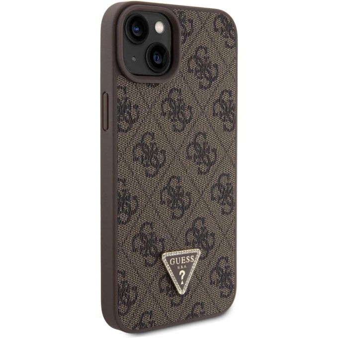 iPhone 15 PLUS brown PU Leather Triangle Strass GUESS nugarėlė