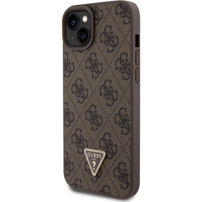 iPhone 15 PLUS brown PU Leather Triangle Strass GUESS nugarėlė
