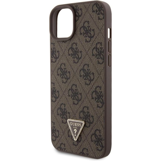 iPhone 15 PLUS brown PU Leather Triangle Strass GUESS nugarėlė