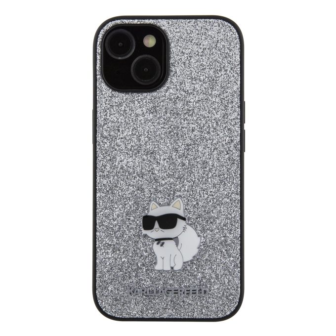 iPhone 15 PLUS silver Fixed Glitter Metal PIN KARL LAGERFELD nugarėlė