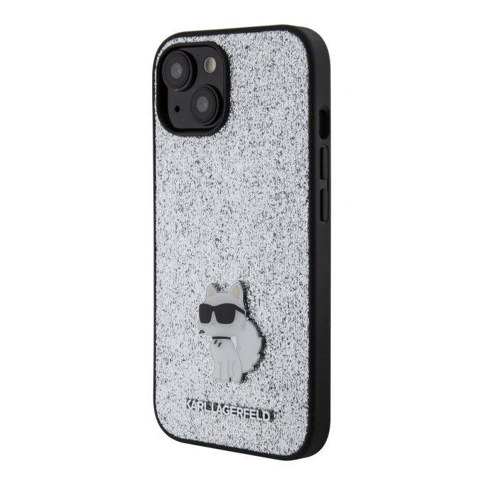 iPhone 15 PLUS silver Fixed Glitter Metal PIN KARL LAGERFELD nugarėlė