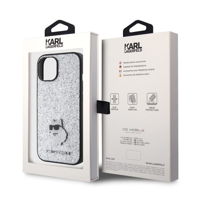 iPhone 15 PLUS silver Fixed Glitter Metal PIN KARL LAGERFELD nugarėlė