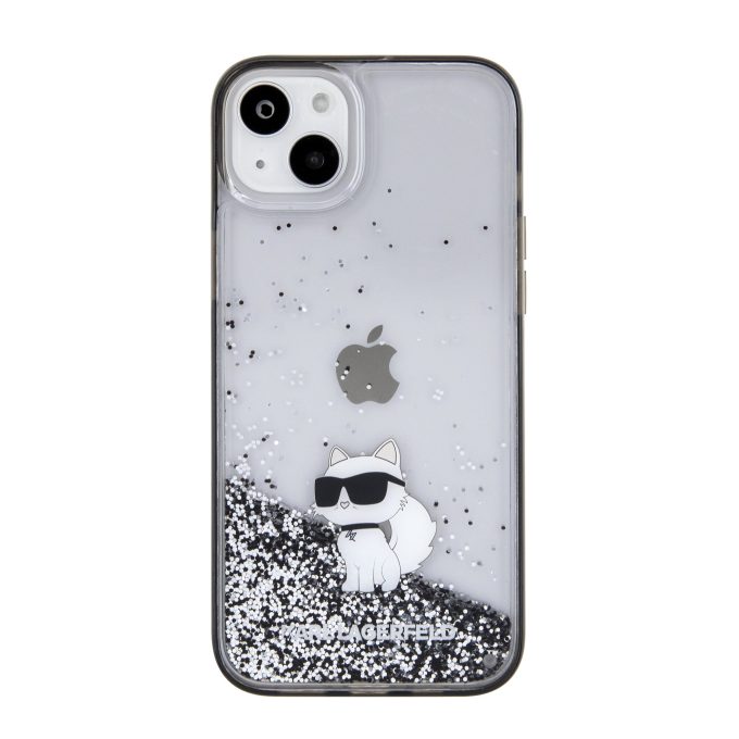 iPhone 15 PLUS silver Liquid Glitter Choupette KARL LAGERFELD nugarėlė