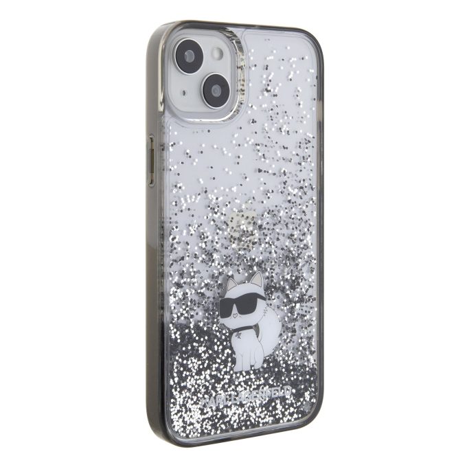 iPhone 15 PLUS silver Liquid Glitter Choupette KARL LAGERFELD nugarėlė