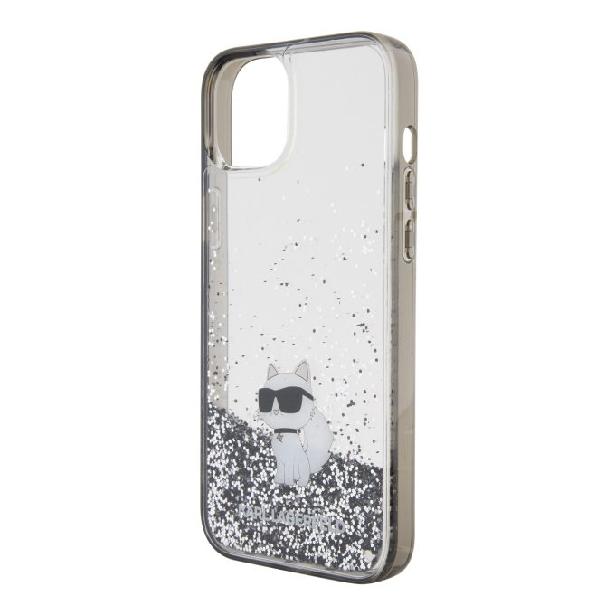 iPhone 15 PLUS silver Liquid Glitter Choupette KARL LAGERFELD nugarėlė