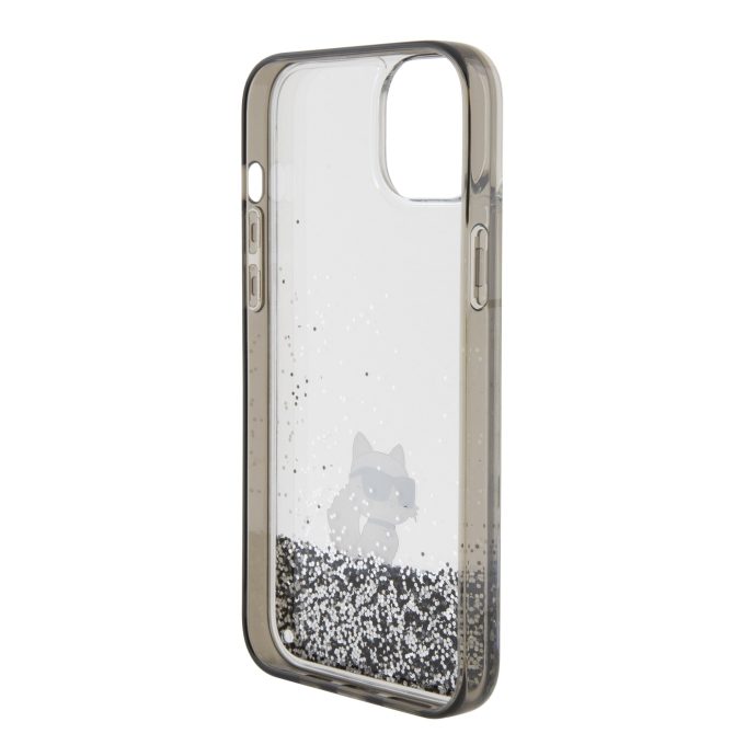 iPhone 15 PLUS silver Liquid Glitter Choupette KARL LAGERFELD nugarėlė