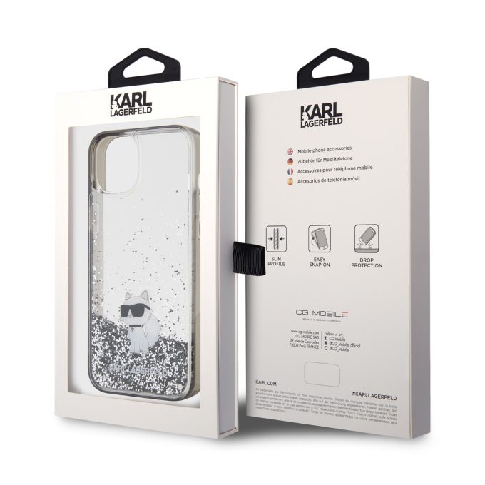 iPhone 15 PLUS silver Liquid Glitter Choupette KARL LAGERFELD nugarėlė