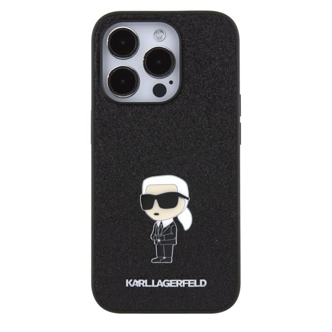 iPhone 15 PRO black Ikonik Fixed Glitter Metal PIN KARL LAGERFELD nugarėlė
