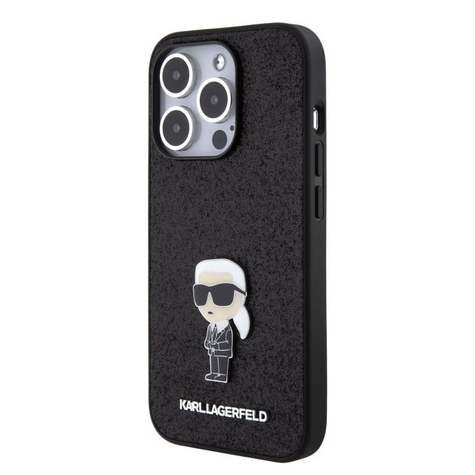 iPhone 15 PRO black Ikonik Fixed Glitter Metal PIN KARL LAGERFELD nugarėlė