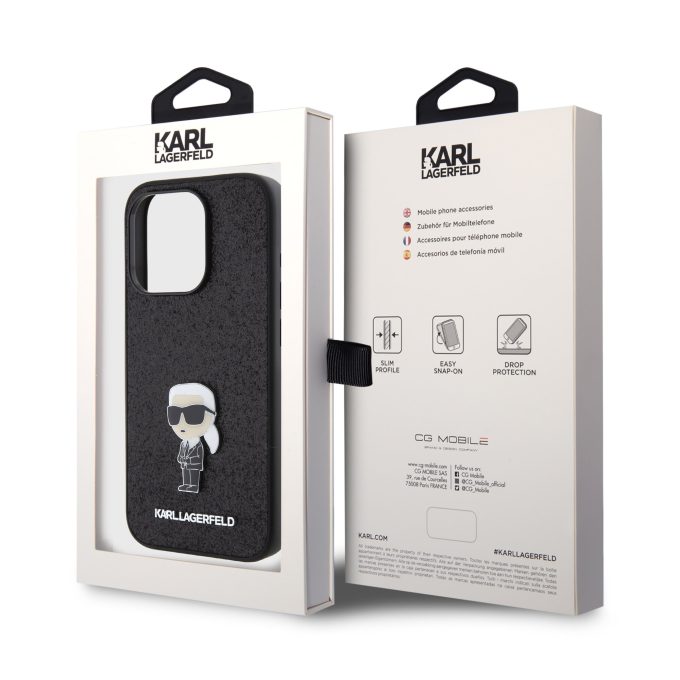 iPhone 15 PRO black Ikonik Fixed Glitter Metal PIN KARL LAGERFELD nugarėlė