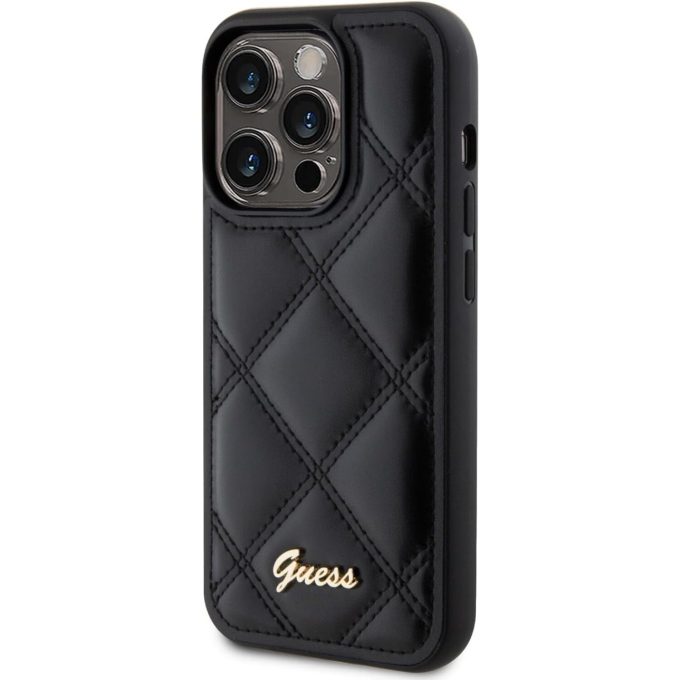 iPhone 15 PRO black PU Quilted Metal Logo GUESS nugarėlė
