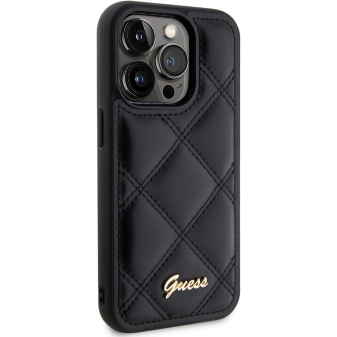 iPhone 15 PRO black PU Quilted Metal Logo GUESS nugarėlė
