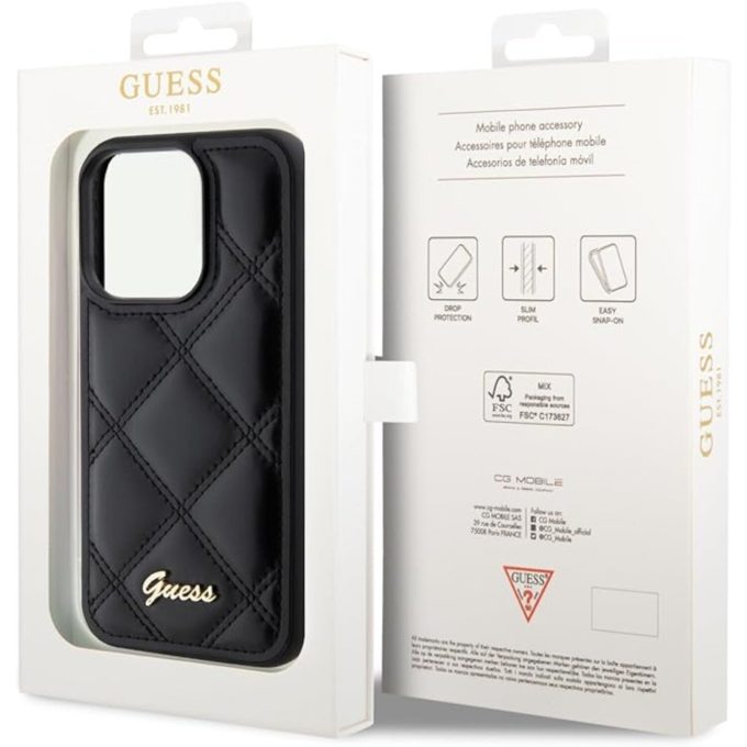 iPhone 15 PRO black PU Quilted Metal Logo GUESS nugarėlė