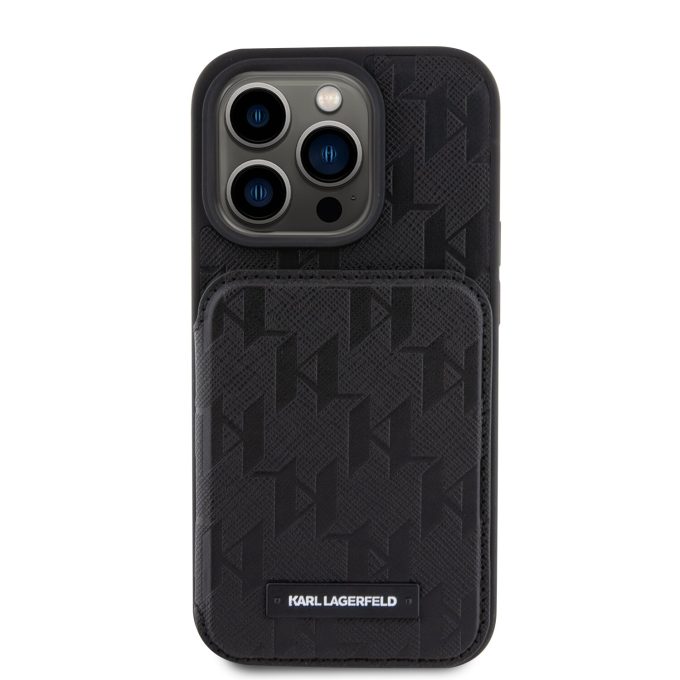 iPhone 15 PRO black Saffiano Cardslots and Stand Monogram KARL LAGERFELD nugarėlė