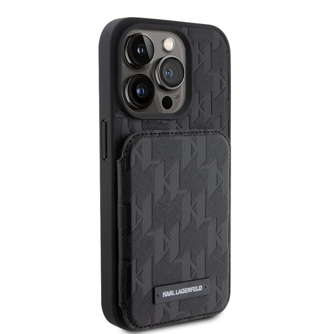 iPhone 15 PRO black Saffiano Cardslots and Stand Monogram KARL LAGERFELD nugarėlė