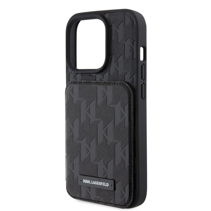 iPhone 15 PRO black Saffiano Cardslots and Stand Monogram KARL LAGERFELD nugarėlė
