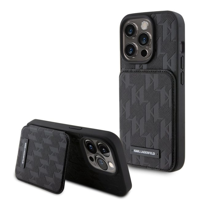iPhone 15 PRO black Saffiano Cardslots and Stand Monogram KARL LAGERFELD nugarėlė