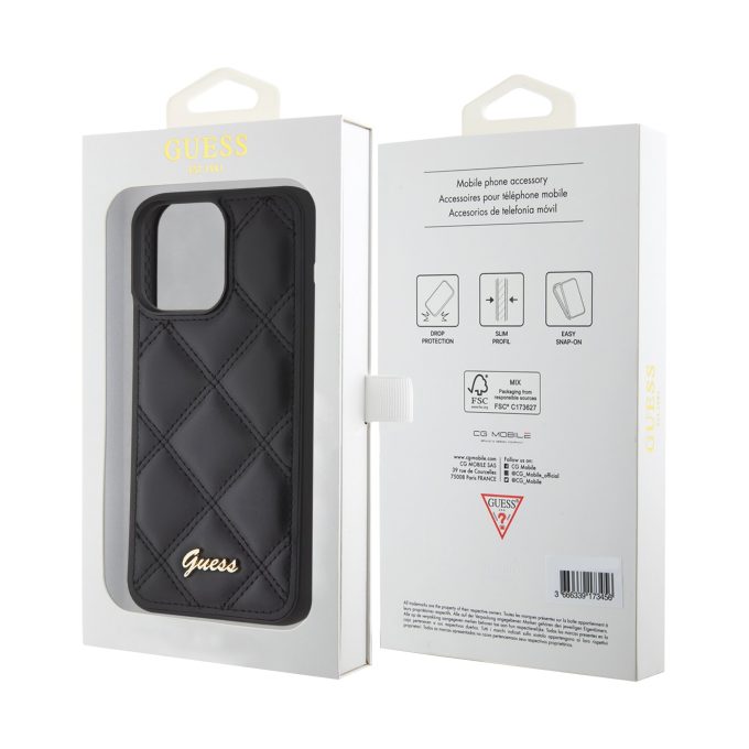 iPhone 15 PRO MAX black PU Quilted Metal Logo GUESS nugarėlė