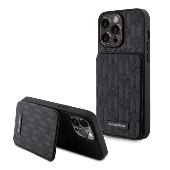 iPhone 15 PRO MAX black Saffiano Cardslots and Stand Monogram KARL LAGERFELD nugarėlė
