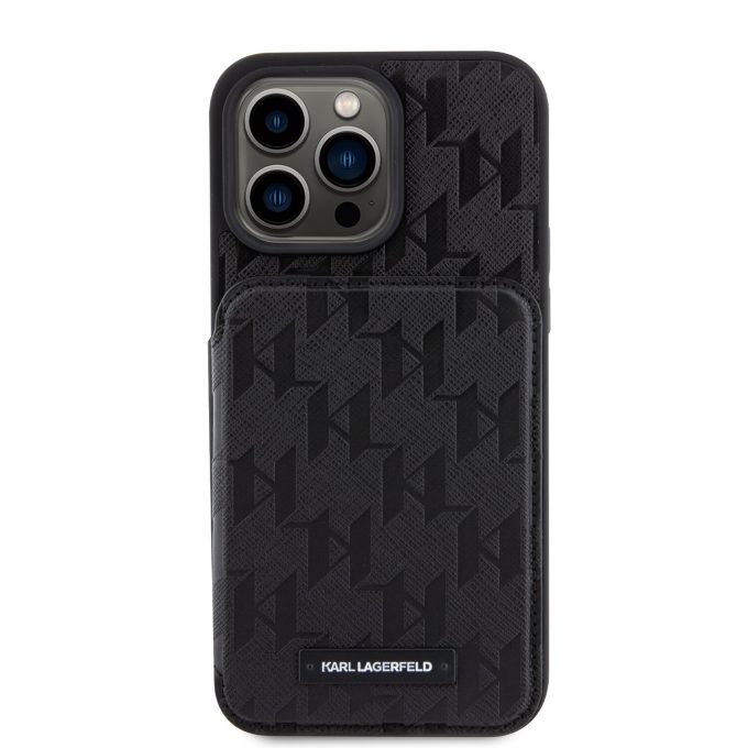 iPhone 15 PRO MAX black Saffiano Cardslots and Stand Monogram KARL LAGERFELD nugarėlė