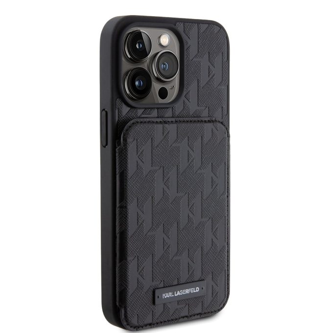 iPhone 15 PRO MAX black Saffiano Cardslots and Stand Monogram KARL LAGERFELD nugarėlė
