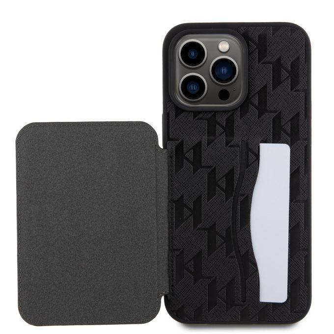 iPhone 15 PRO MAX black Saffiano Cardslots and Stand Monogram KARL LAGERFELD nugarėlė