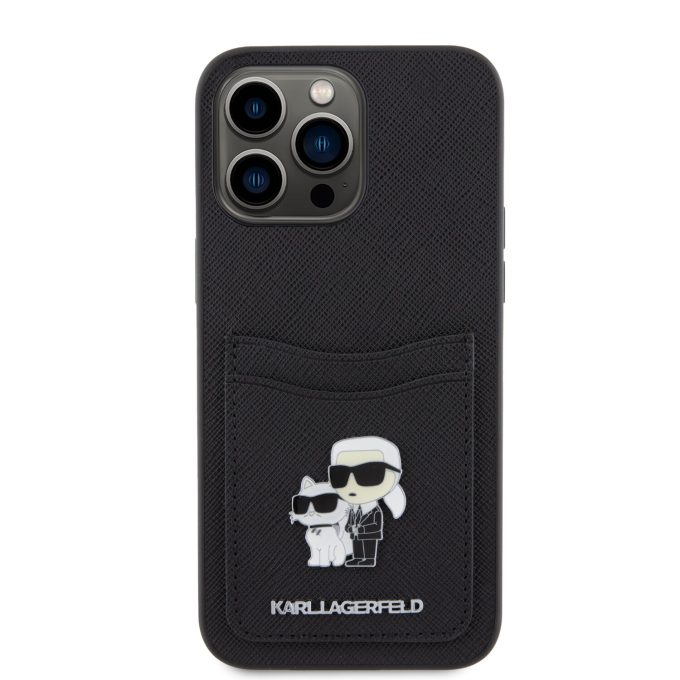 iPhone 15 PRO MAX black Saffiano Cardslots Metal PIN KARL LAGERFELD nugarėlė