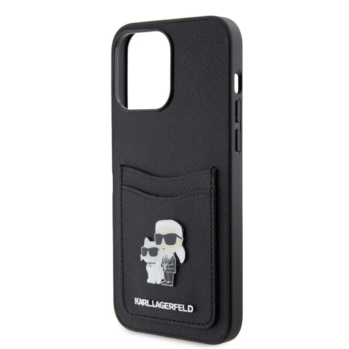 iPhone 15 PRO MAX black Saffiano Cardslots Metal PIN KARL LAGERFELD nugarėlė